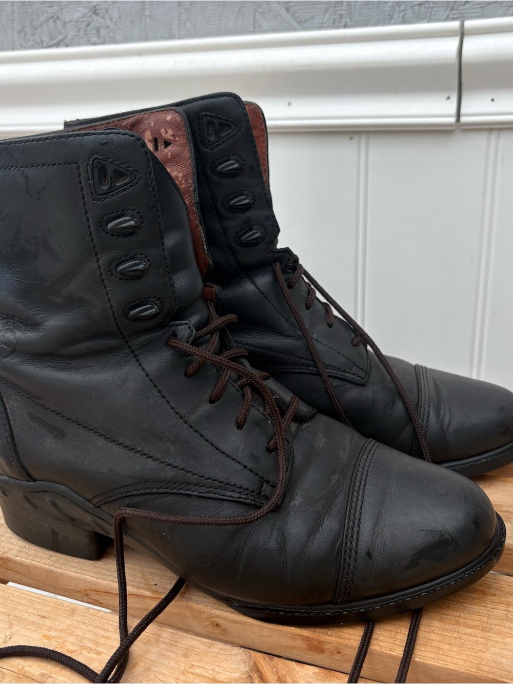 Ariat Black Leather Combat Lace-Up Boots with Brown Trim
